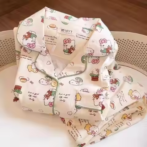 Sanrio Hello Kitty Women Sleeping Pajama Set Cuteore Cartoon Spring Autumn Nightgowns Long Sleeve Pa