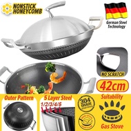 Chiaw77 42CM Kitchen Honeycomb Non Stick Cooking Frying Wok SU304 Stainless Steel with Lid Cover -