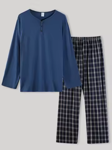 Men's Spring Autumn Blue Henry Collar Long Sleeve Shirt Plaid Pants Comfortable Outfit Set