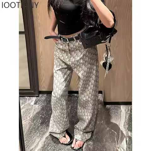 Y2k Women's Baggy Pattern Jeans Harajuku Japanese 2000s Style Grey Denim Trousers Vintage Jean Long 