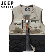 JEEP SPIRIT เสื้อกั๊กผู้ชายหลายกระเป๋าเสื้อกั๊กสีดำบางเสื้อกั๊กตกปลาหลายกระเป๋าบล็อกสี