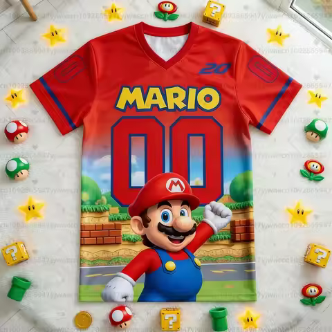 2026 New Super Mario 3D Printed V-Neck T-Shirt, Casual Summer Short Sleeve Cosplay Graphic Tee, Fash