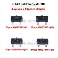 200pcs SOT-23 SMD Transistor KIT 4kinds each 50pcs MMBT5401 2L MMBT5551 G1 MMBT4401 2X MMBT4403 2T S