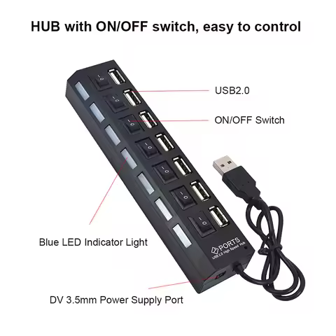 7 Port USB 2.0 Hub USB Hub 2.0 Multi USB Splitter Hub Use Power Adapter 4/7 Port Multiple Expander U
