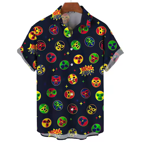 3d Mask Print Men's Shirt Summer Lucha Libre Short Sleeve Shirt Casual Hawaiian Shirt For Men Loose 