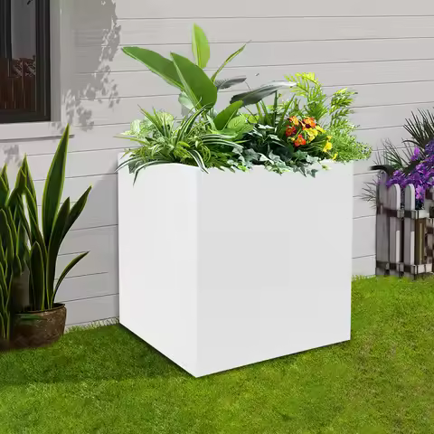 Steel Garden Planter Box, 17x17x18 Inch Square Raised Patio Bed, Durable Powder Coated Indoor Outdoo