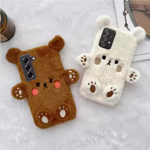 Cartoon Brown Bear Plush Fur Phone Case For Samsung Galaxy A16 A26 A36 A56 A06 F55 F15 M53 M23 M33 C