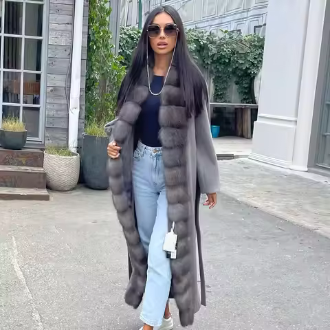Long Gray Wool Coat Women Real Cashmere Coat Natural Fox Fur Trim New Style Womens Wool Coat Matchin