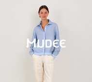 MUDEE เสื้อเชิ้ตลินินแขนยาว จั้มพ์เอวหน้าริ้วฟ้า