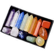 14 Pcs Chakra Stones Kit-1.3 Crystal Point Wands and Polished Tumbled Energy Decor-Clear QuartzAmeth