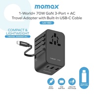 MOMAX Universal Travel Adapter International Power Plug Adapter with 1 USB C (PD 70W) 2 USB A Ports