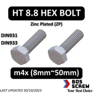 HT Hex Bolt m4 x 8mm ~ 50mm (DIN931,933 Zinc Plated) (Coarse Threaded / Benang Kasar)