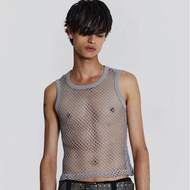MOLAN เสื้อกล้ามผู้ชายแฟชั่นเสื้อยืดแขนกุดเซ็กซี่กลวงโปร่งใส