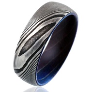 Gorgeous 8mm Damascus Steel Low Dome Band Ring with Wood Grain Finish and Dyed Purple/Blue Box Elder