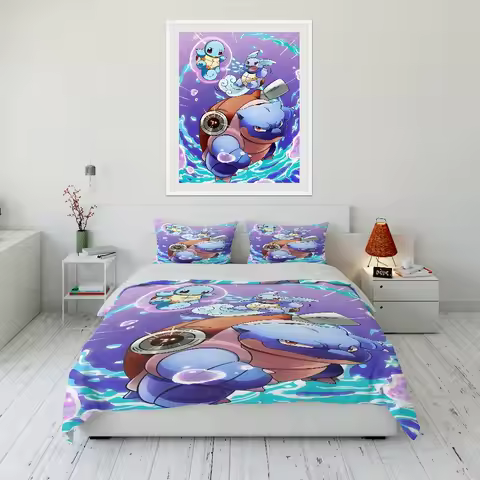 Japanese P0kem0n Squirtle Printed Bedding Set 3PC Duvet Cover Bedding Gift for Anime Fans Multi-size