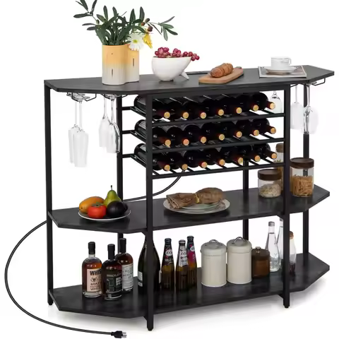 Bar Table Cabinet with Power Outlet & USB Port, 21 Bottle Wine Rack & Glass Holder, 3 Tier Mini Coff