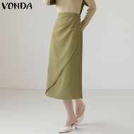 VONDA Womens Elegant Workplace High Waist Pleated OL Solid Midi Skirts Overskirts (Korean Causal)