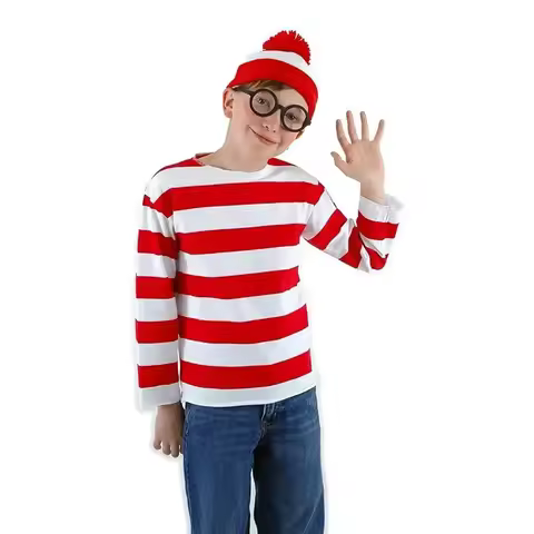 YUNDA Red White Striped Shirt Wheres Waldo Cosplay Costume Hat Glass Wally Cos Pajamas Glasses Chris