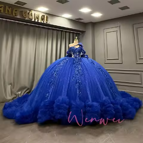 Sophie Store Customized Blue Quinceanera Dresses With Bow Bead Crystals Tiered Ruffles 15th Birthday