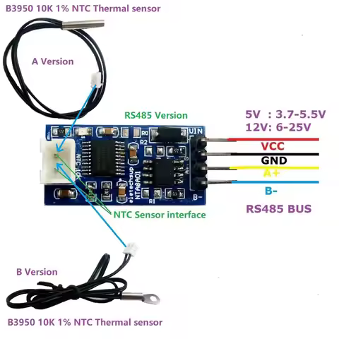 -20-125 Celsius RS485 TTL RS232 Temperature Sensor Converter Module for 10K 3950 NTC Thermistor Resi