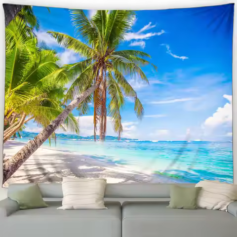 Island Beach Tapestry Tropical Coconut Trees Ocean Hawaiian Nature Scenery Garden Wall Hanging Home 