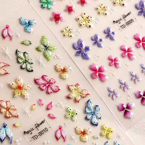 5D Jelly Flowers Nail Art Sticker Emboss Colorful Lilys Flowers Self-Adhesive Nail Decals for Nails