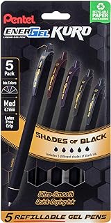 Pentel EnerGel Kuro Retractable Liquid Gel Pen, Shades of Black, 0.7mm tip, Assorted black ink, Pack of 5 pens (BL437PF5MA)