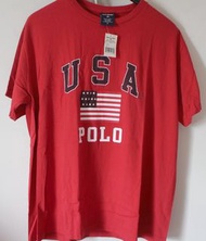 全新美國品牌【POLO SPORT】宏都拉斯製紅色純棉胸口美國國旗圖案圓領短袖圓領T恤