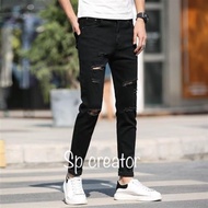Summer thin Korean style trendy brand black scratched ripped jeans men s slim feet stretch ins begga