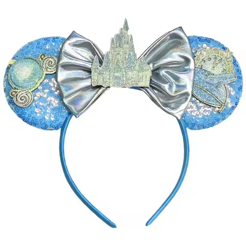 NEW Mouse Ears Headband for Women Girls, Blue Sequin Princess Mouse Ears Headbands with Castle Bows,
