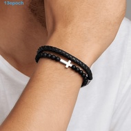 EPOCH Lava Rock Bead Bracelet, Black Leather Double-Row Braided Bracelet, Simple Magnetic Bible Vers