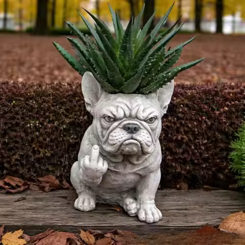 Grumpy French Bulldog Resin Planter Outdoor Garden Lawn Desktop Decor Creative Flower Pot Art Craft 