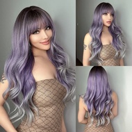 ISHINE Wigs for White Women, Long Wavy Curly Colored Wigs with Bangs, Purple Omber Gray Synthetic Wi