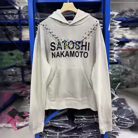 High Quality SATOSHI NAKAMOTO Retro Wash Water Pullover Hoodie Necklace Washed Sprayed Dirty Hoodie