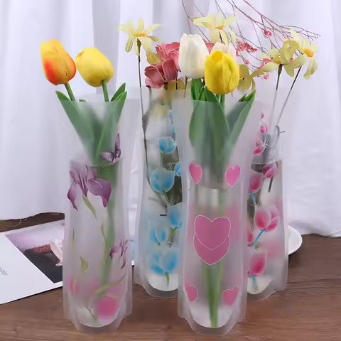 Foldable Plastic Vase Unbreakable Folding Chinese Style Reusable Flower Vase PVC Durable Decor Vase 