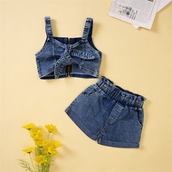 【beautywoo】 Little Girls 2PCS Pants Set, Sling Plain Tie-Up Zip-Up Crop Camisole + Ruffle Short Deni