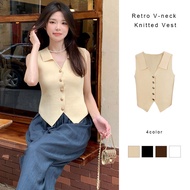 SLWomen Summer Turn-down Collar Sleeveless Vest Slim Fitting Short Top Retro V-neck Knitted Vest