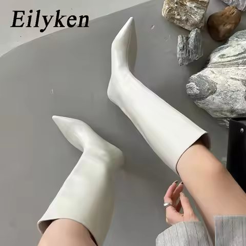 Eilyken Autumn Winter Cosy Pointed Toe Woman Knee-High Boots Slip-On Low Thin Heels Cowboy Ladies Sh