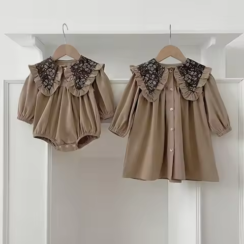 2026 Autumn Vintage Siblings Sister Matching Baby Romper and Toddler Dress Clothing Floral Ruffle Co
