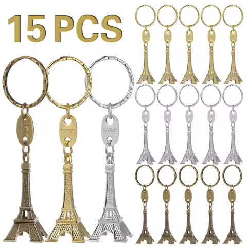 15Pcs 3D Eiffel Tower Keyring Retro Adornment French Souvenirs Keychains Metal Split Key Ring French