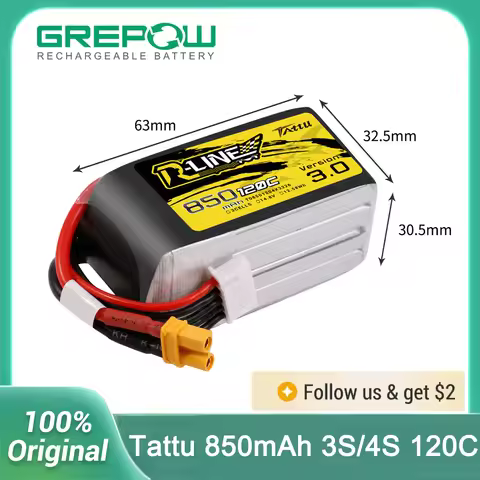 Tattu R-Line 120C 850mAh Lipo Battery 3S/4S 11.1V/14.8V XT30 Plug FPV Racing Drone RC Quadcopter