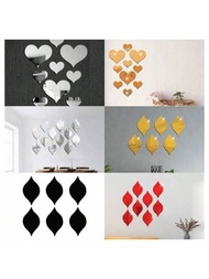 10入組DIY組合亞克力鏡牆貼紙，自粘軟鏡片創意3D心形牆飾，適用於客廳、餐廳、臥室、浴室等