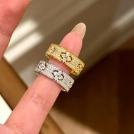 Lucky Four-Leaf Clover Gypsophila Ring French Old Money Style Fashion Light Luxury Micro-Inlaid Full