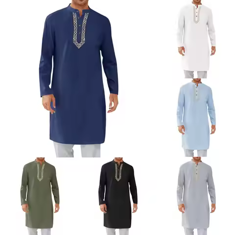 Mens Arab Fashion Long Embroidered Thobe Islamic Robe Traditional Ethnic Wear