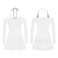 Đầm nữ cổ yếm cột dây trễ vai DKMV váy dáng ôm phối bí dài tay đính logo cá inox xinh xắn Ye Ji Dres