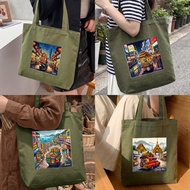 Moss green canvas tote bag with zipper printed with watercolor painting of Asian city, Taipei, Osaka