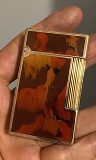 正品 Vintage S.T. Dupont 都彭 Ligne 2 金邊紅玳瑁中國漆打火機 (Laque de Chine)中古黃銅包20微米厚金（非鍍金）一切正常