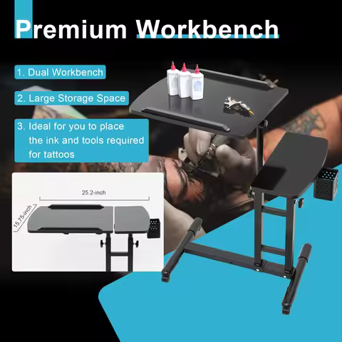 Tattoo Workbench with Adjustable Height, Rolling Cart with Locking Wheels & Dual Tabletop, 27.5LBS C