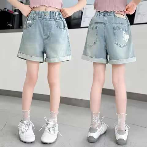 Brief Style Kids Stylish Summer Denim Shorts with Butterfly Applique for Tween Girl Casual Butterfly