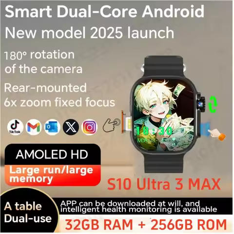 S10 Ultra 3 MAX Smartwatch Touch ID Smartwatch Men Women With 180° Roatry Camera Sim Card Slot Video